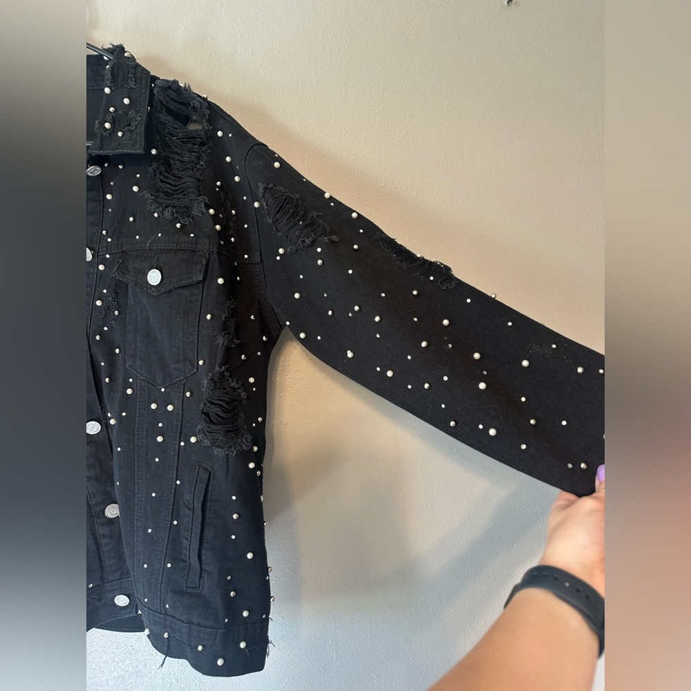 Missguided Carli Bybel Distressed Black Jean Jacket - Picture 14 of 15